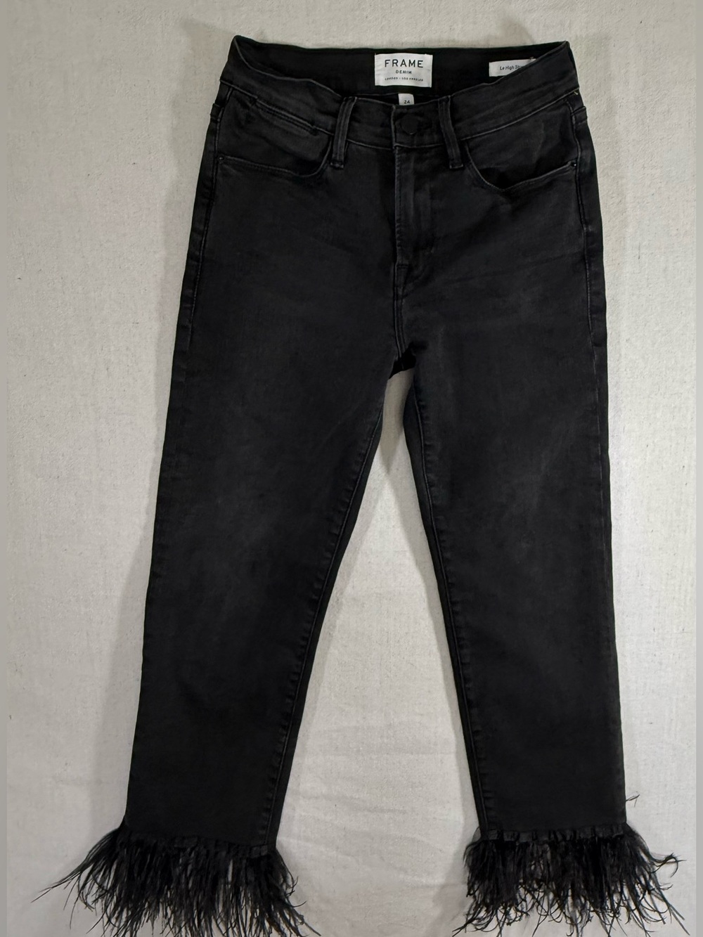 FRAME Denim Le High Straight Feather Trim Cuffed Jeans Washed Black 24